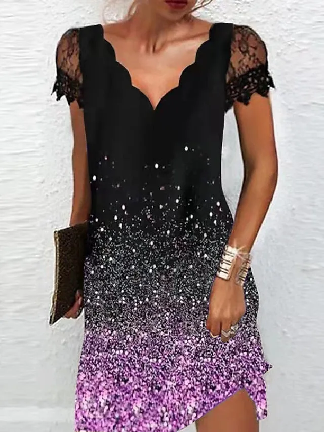 Casual Dress Shift Dress Midi Dress Red Blue Purple Short Sleeve Color Gradient Lace Spring Summer V Neck Fashion Daily Vacation Weekend  S M L XL XXL 3XL 4XL 5XL for Women