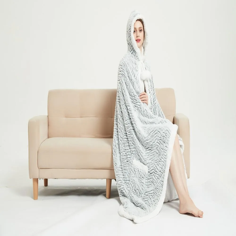 Chic Home Dohwa Snuggle Hoodie Animal Pattern Robe Cozy Super Soft Ultra Plush Micromink Coral Fleece Sherpa Lined Wearable Blanket with 2 Pockets Hood Drawstring Closure - 51x71", Silver