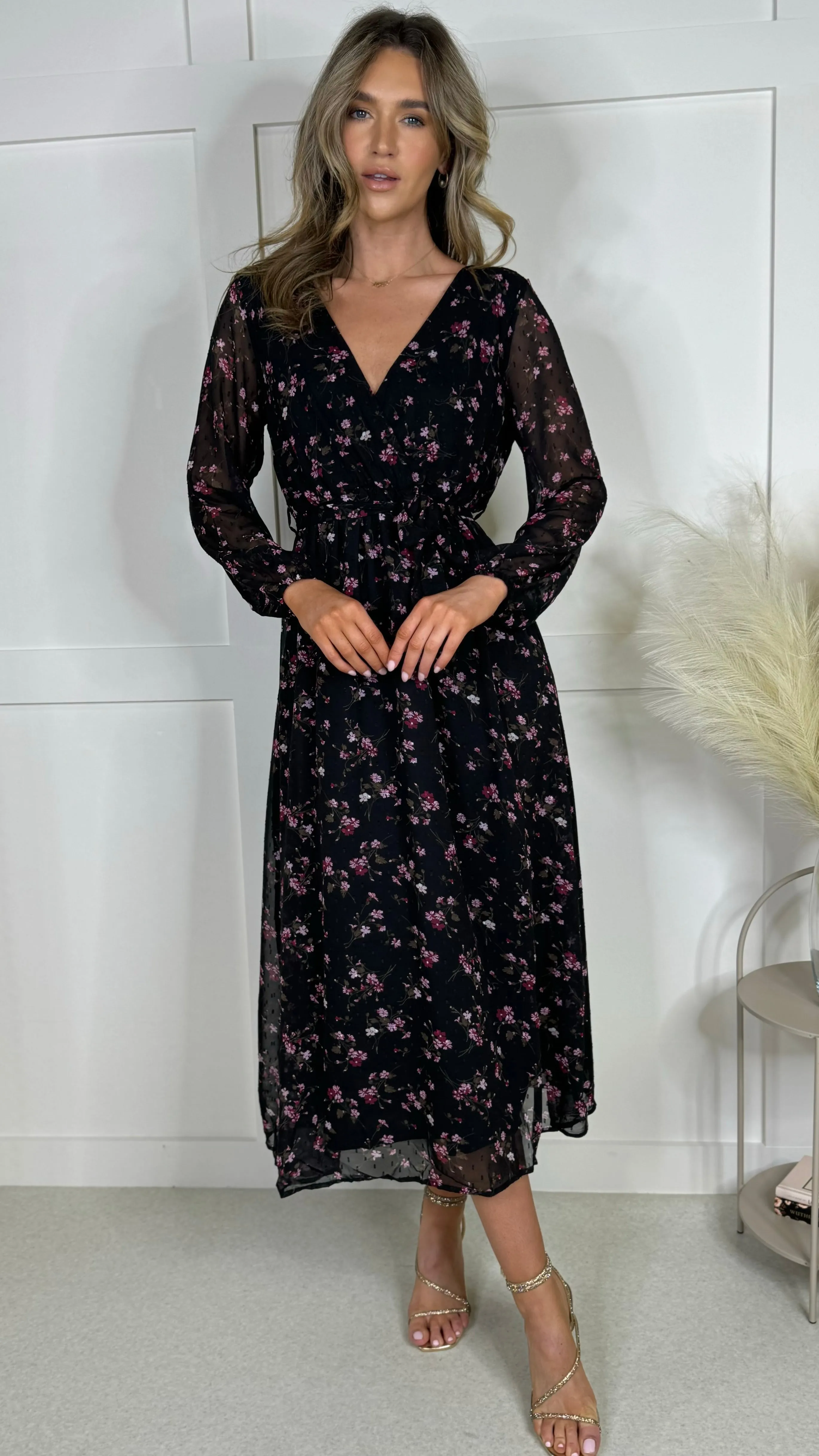 Chloe Black Floral Print Midi Dress