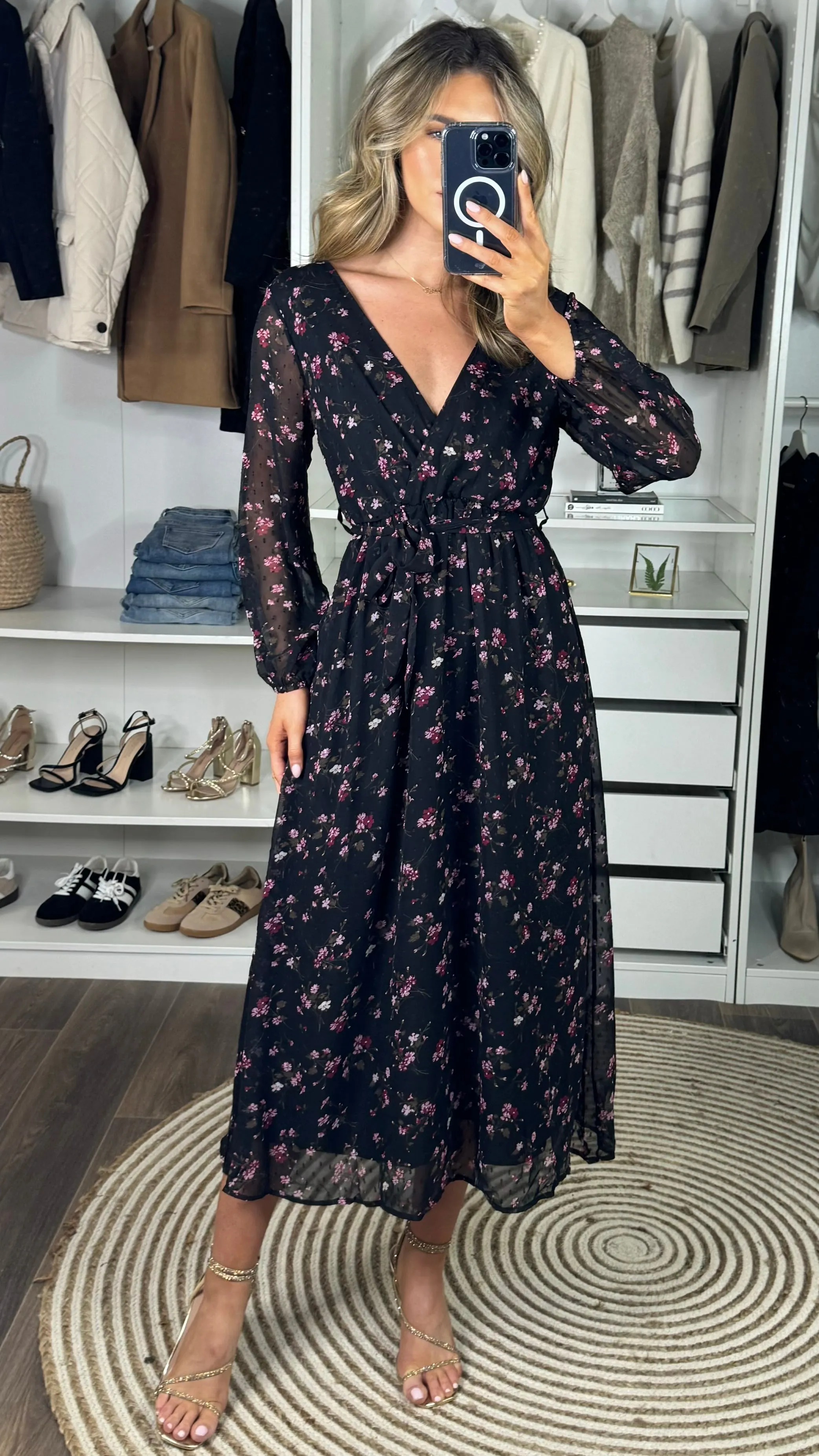 Chloe Black Floral Print Midi Dress