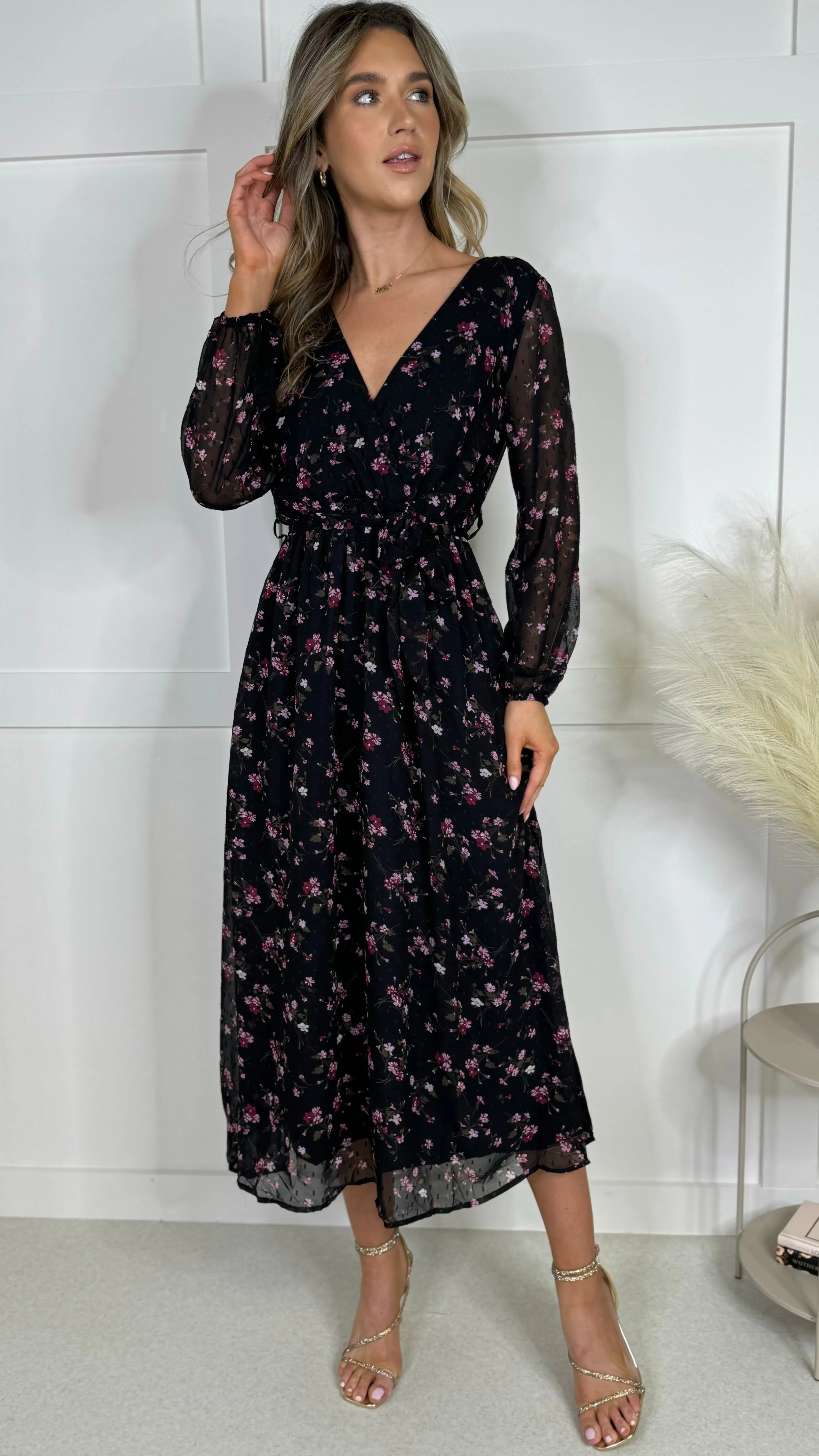Chloe Black Floral Print Midi Dress