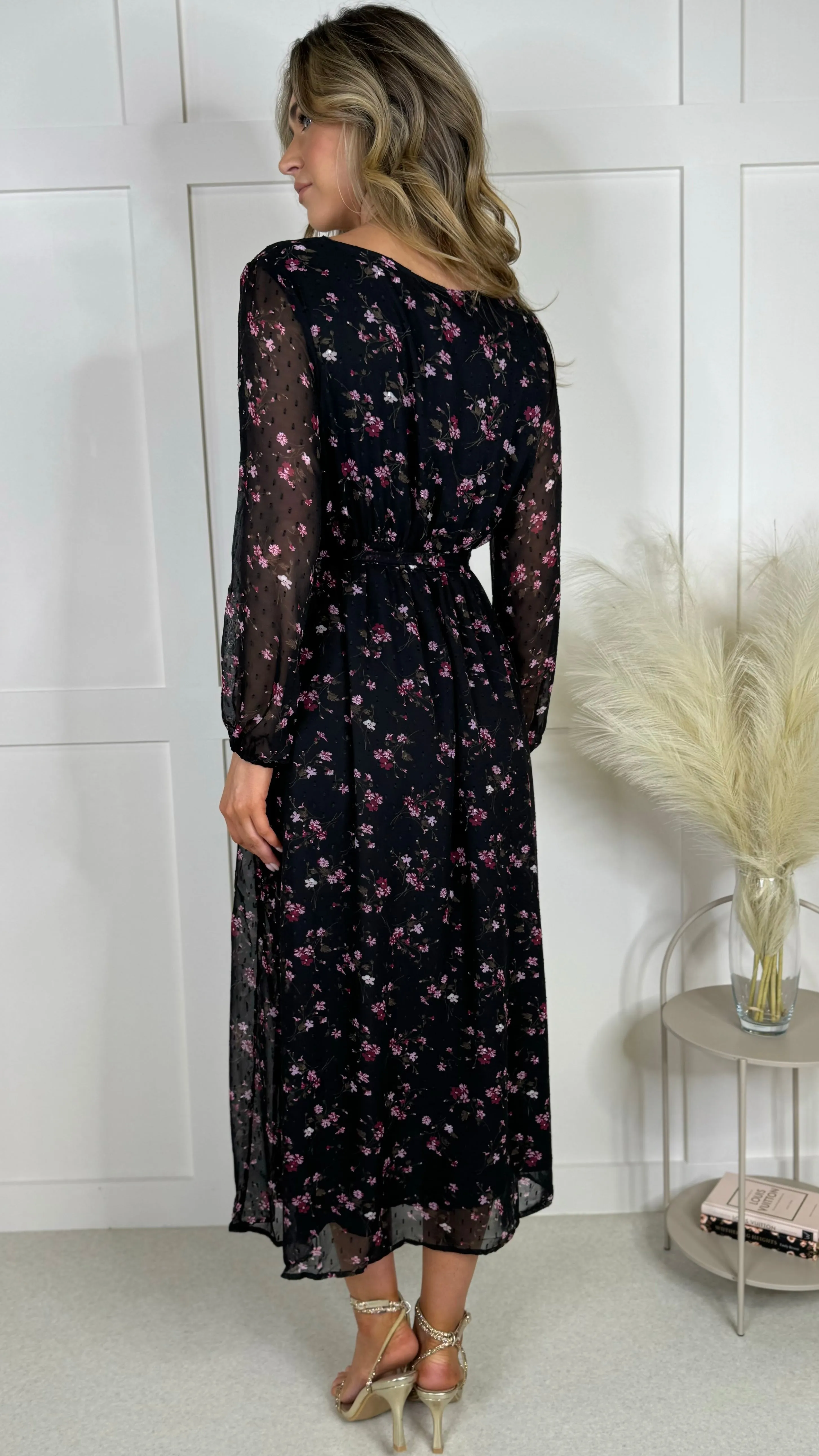 Chloe Black Floral Print Midi Dress