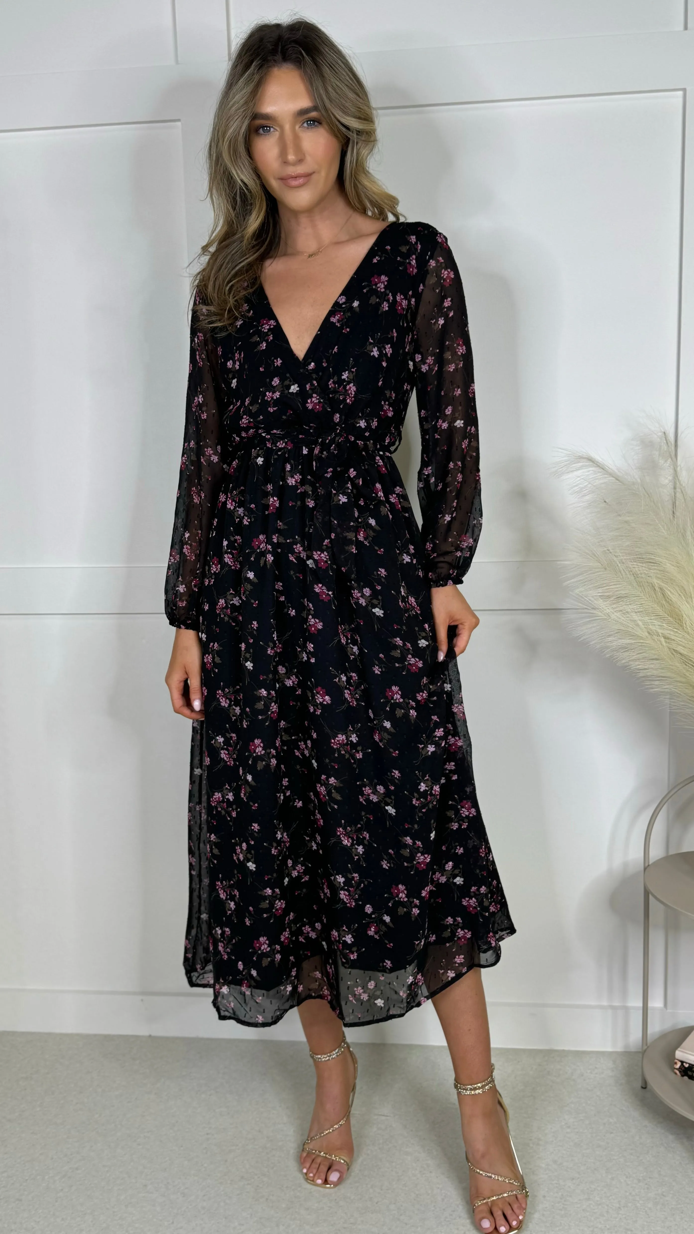 Chloe Black Floral Print Midi Dress
