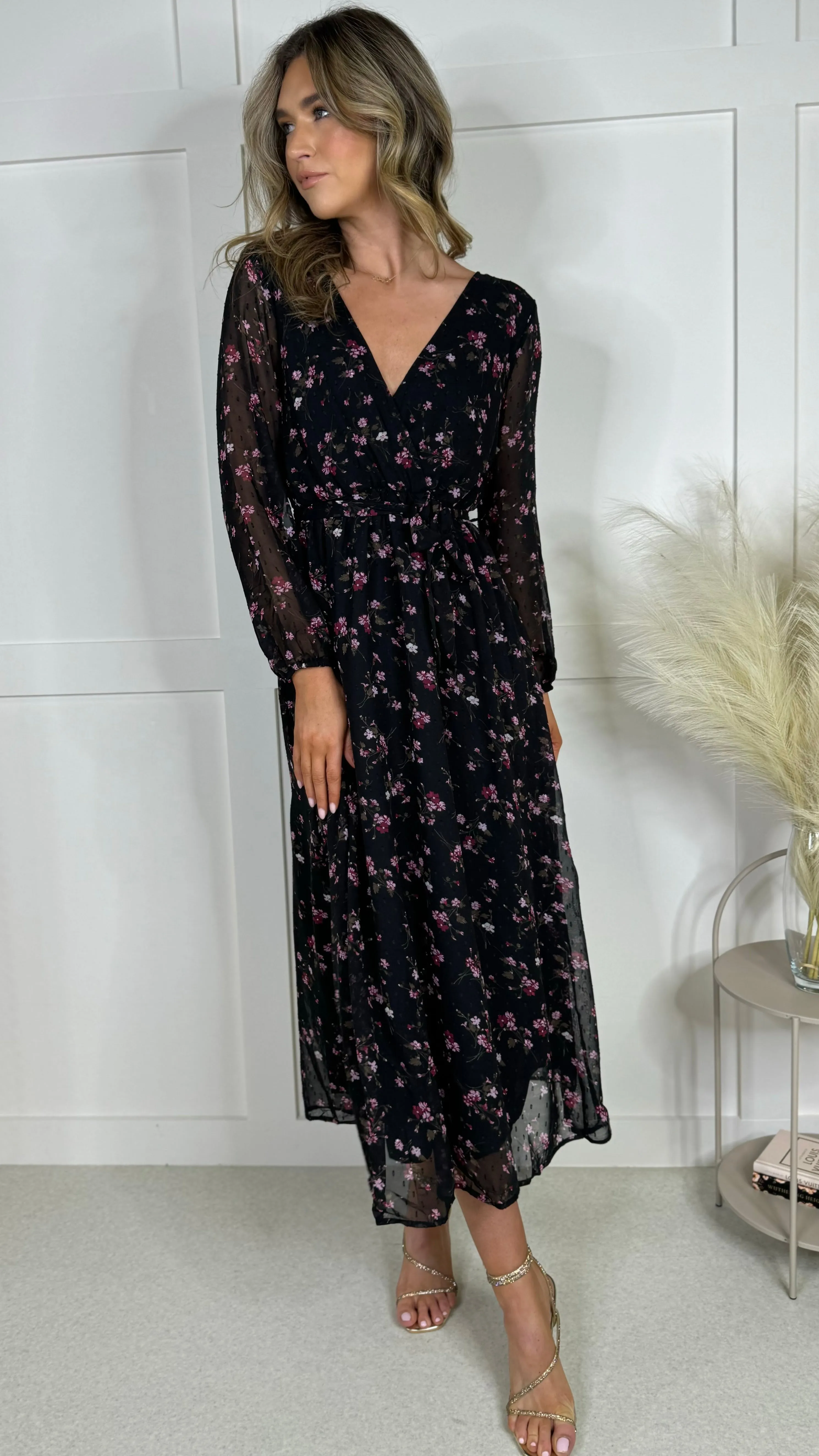 Chloe Black Floral Print Midi Dress