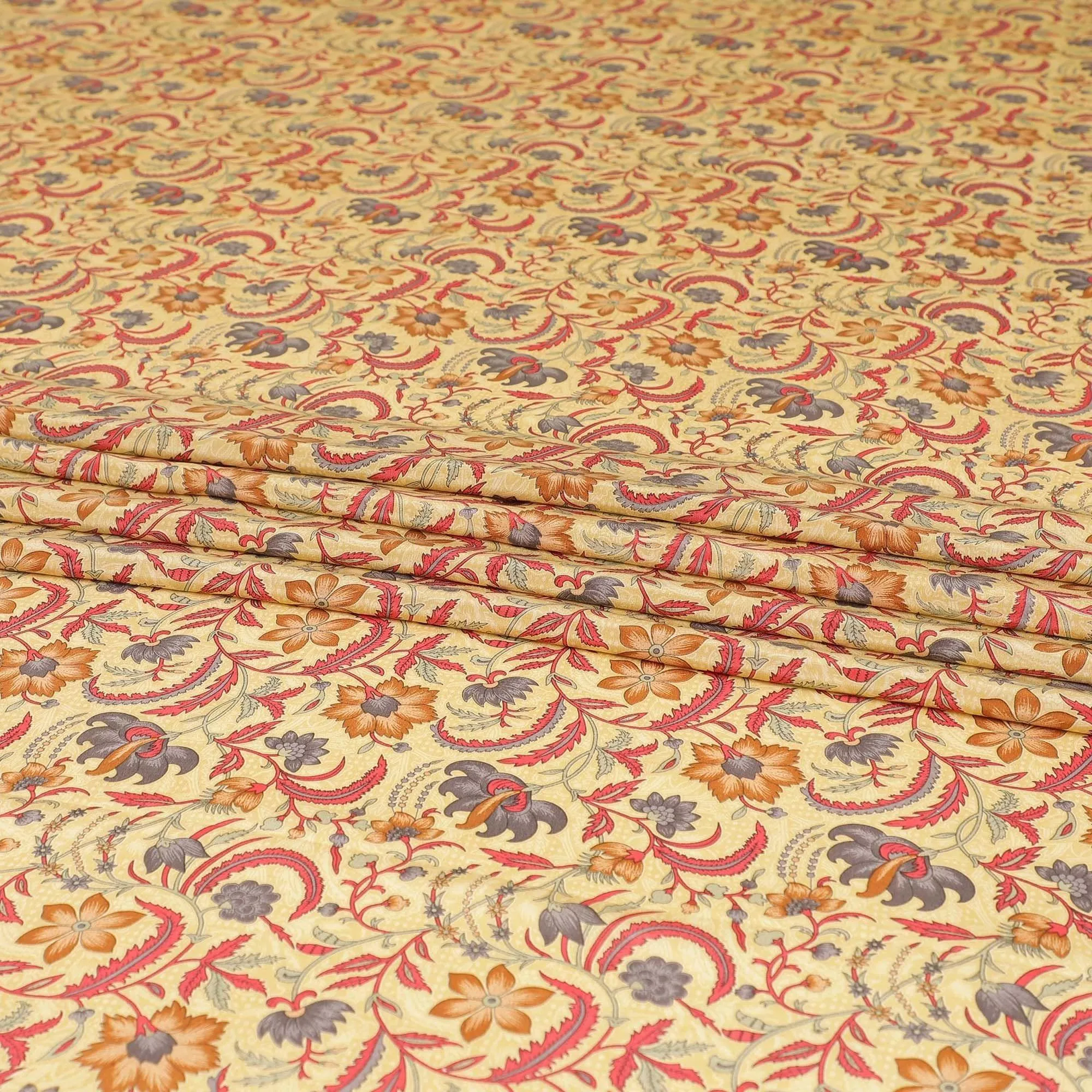 Flax yellow pure silk crepe fabric with multicolor print in floral design-D8114