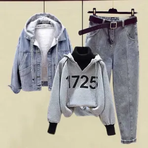 Fleece Hooded Denim Coat Number Print Plush Hoodie Pants Set