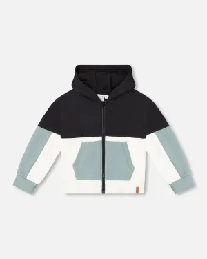 French Terry Color Block Full Zip Hoodie Cardigan Sweatshirt Black, Teal And Shimmer