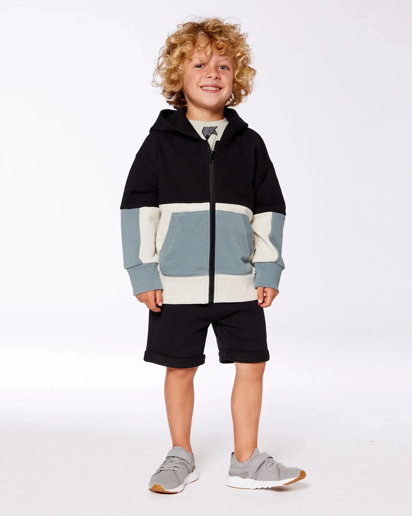 French Terry Color Block Full Zip Hoodie Cardigan Sweatshirt Black, Teal And Shimmer