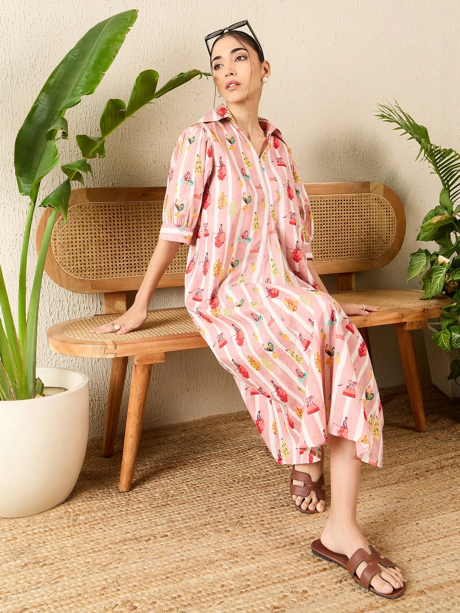 Front Pleated Cotton Midi Dress