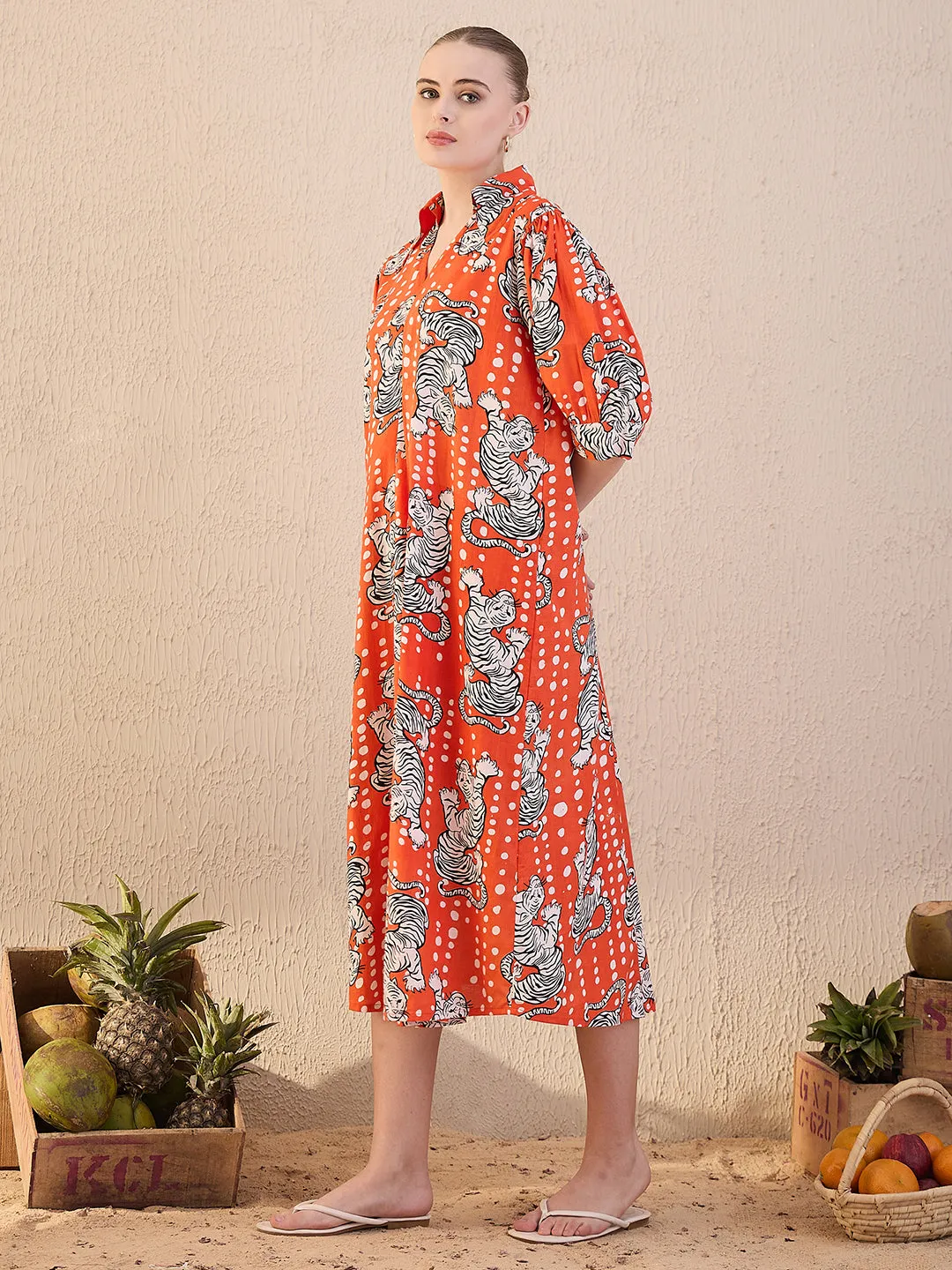 Front Pleated Cotton Midi Dress