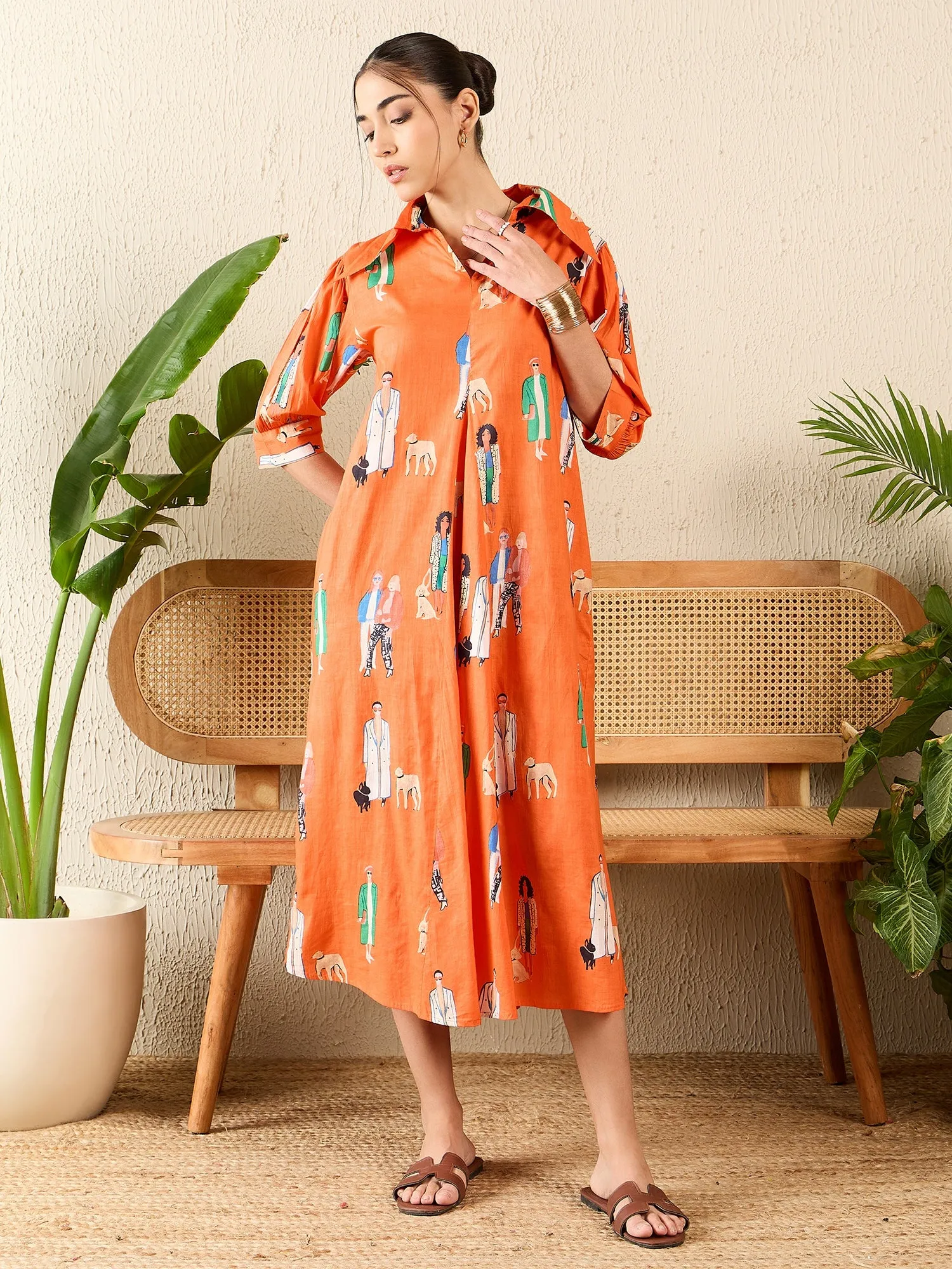 Front Pleated Cotton Midi Dress