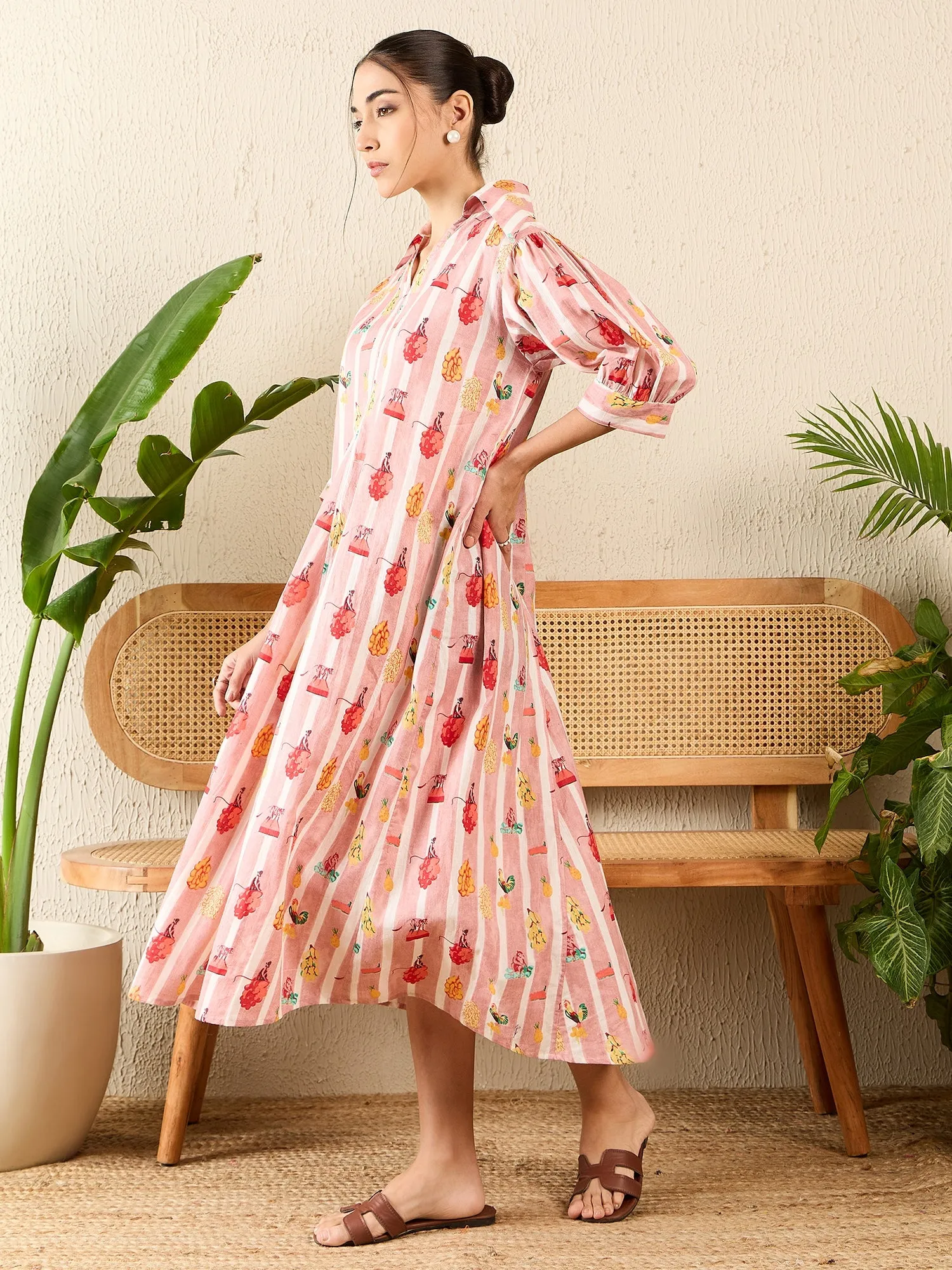 Front Pleated Cotton Midi Dress