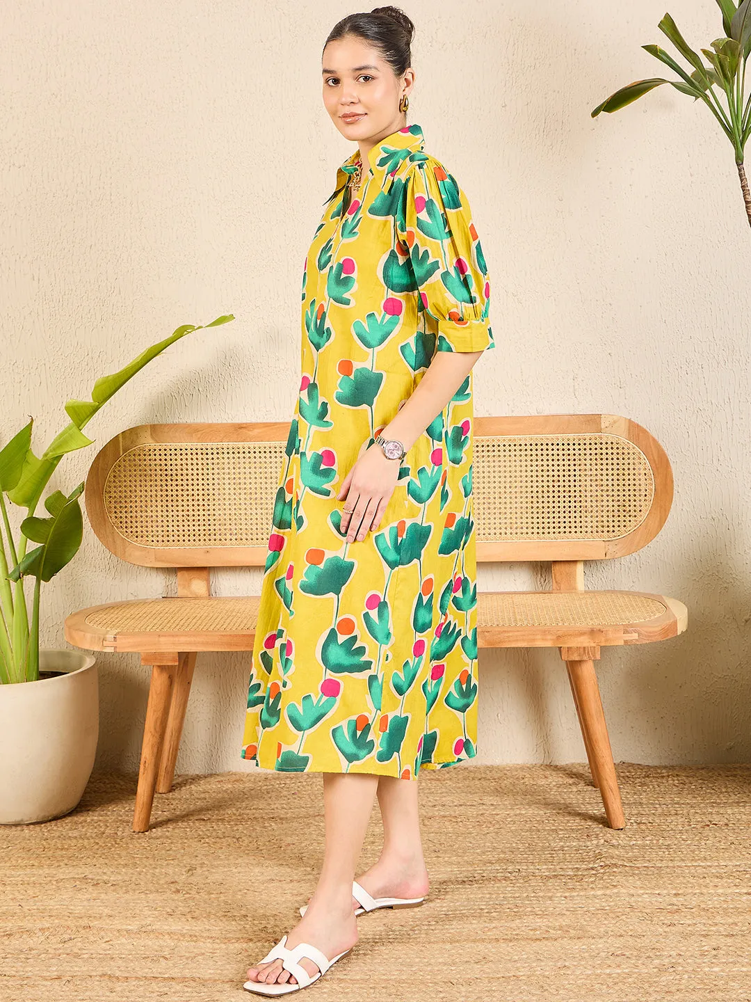 Front Pleated Cotton Midi Dress
