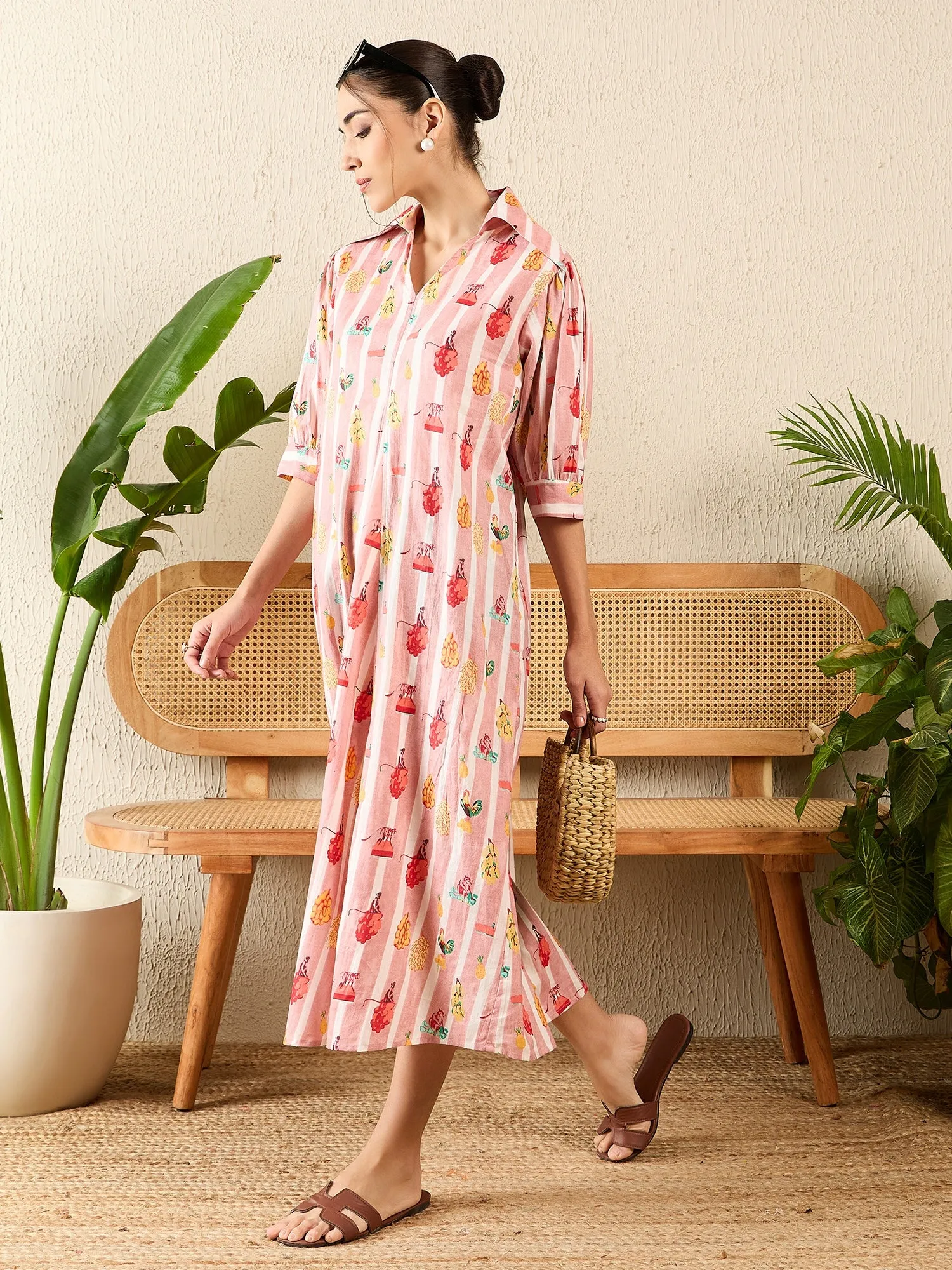 Front Pleated Cotton Midi Dress