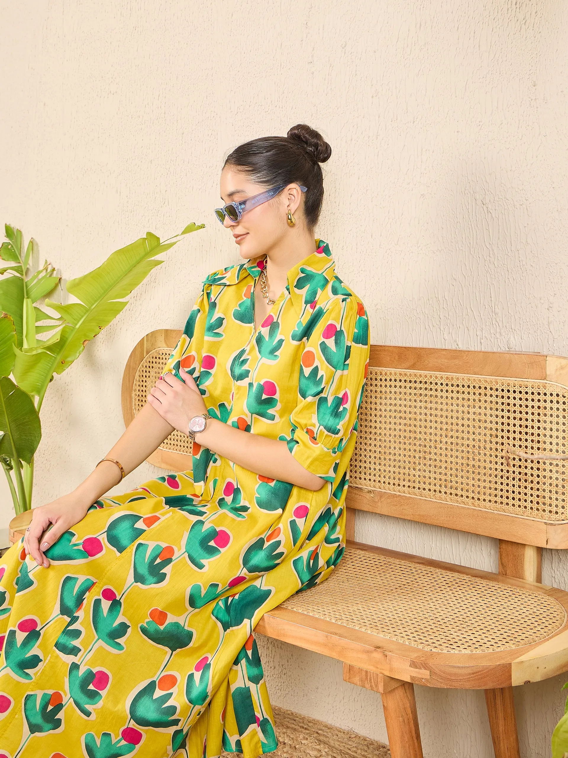 Front Pleated Cotton Midi Dress