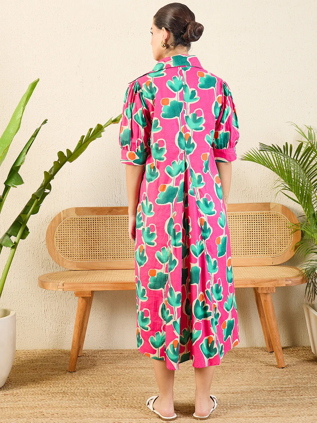 Front Pleated Cotton Midi Dress