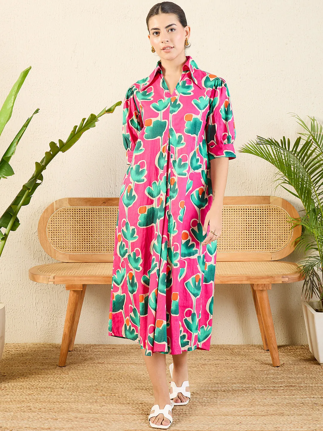 Front Pleated Cotton Midi Dress