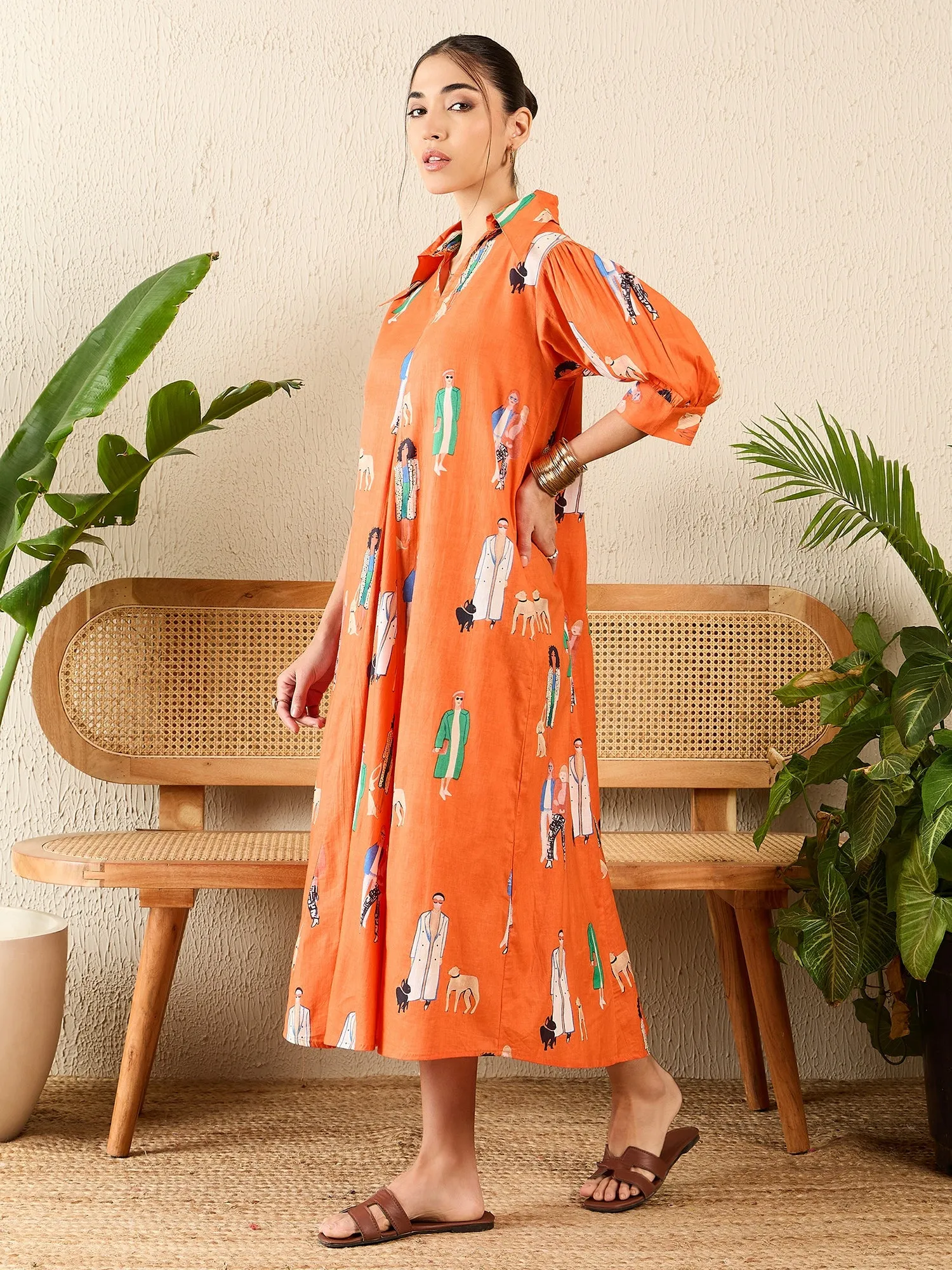 Front Pleated Cotton Midi Dress