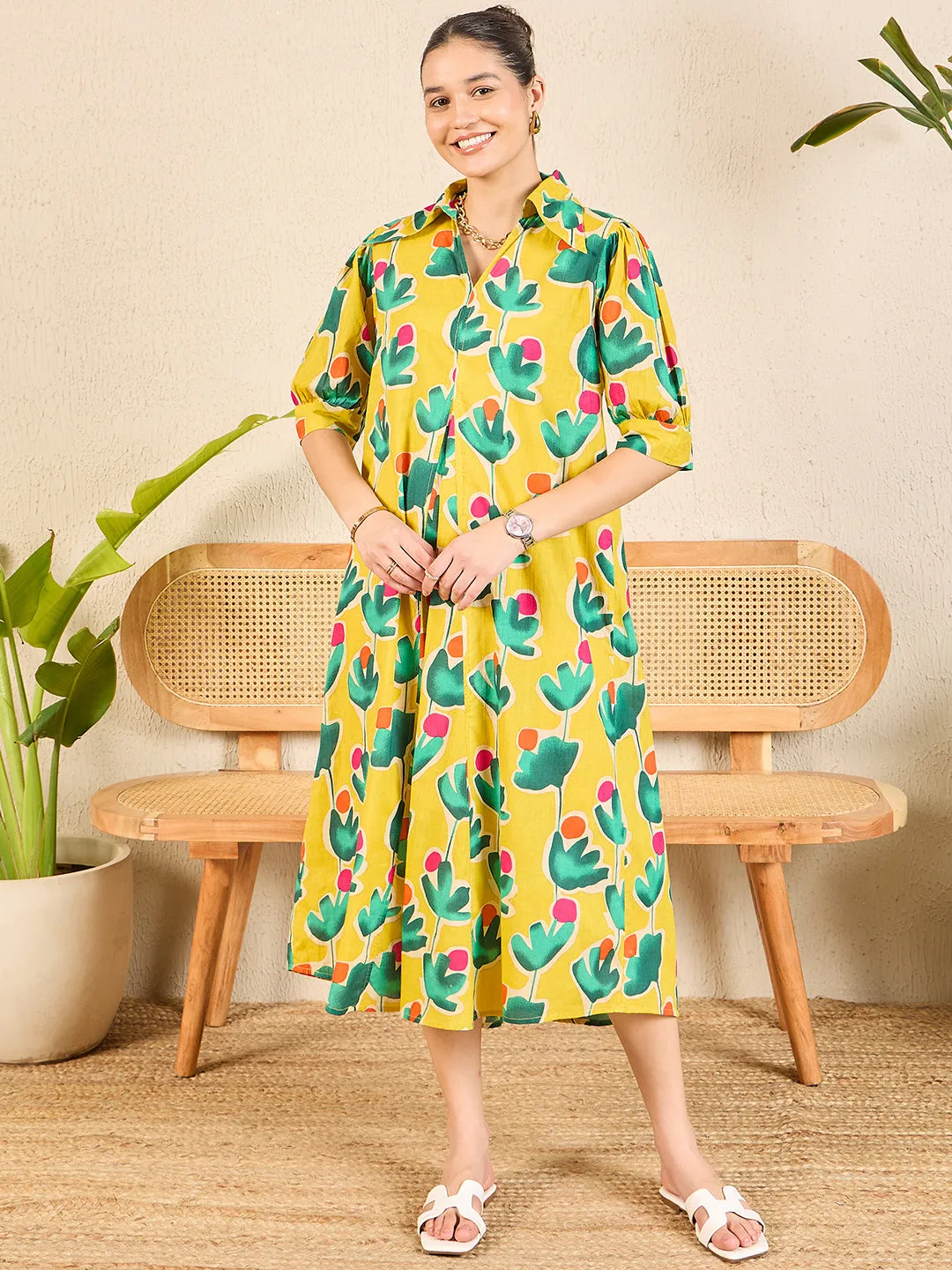 Front Pleated Cotton Midi Dress