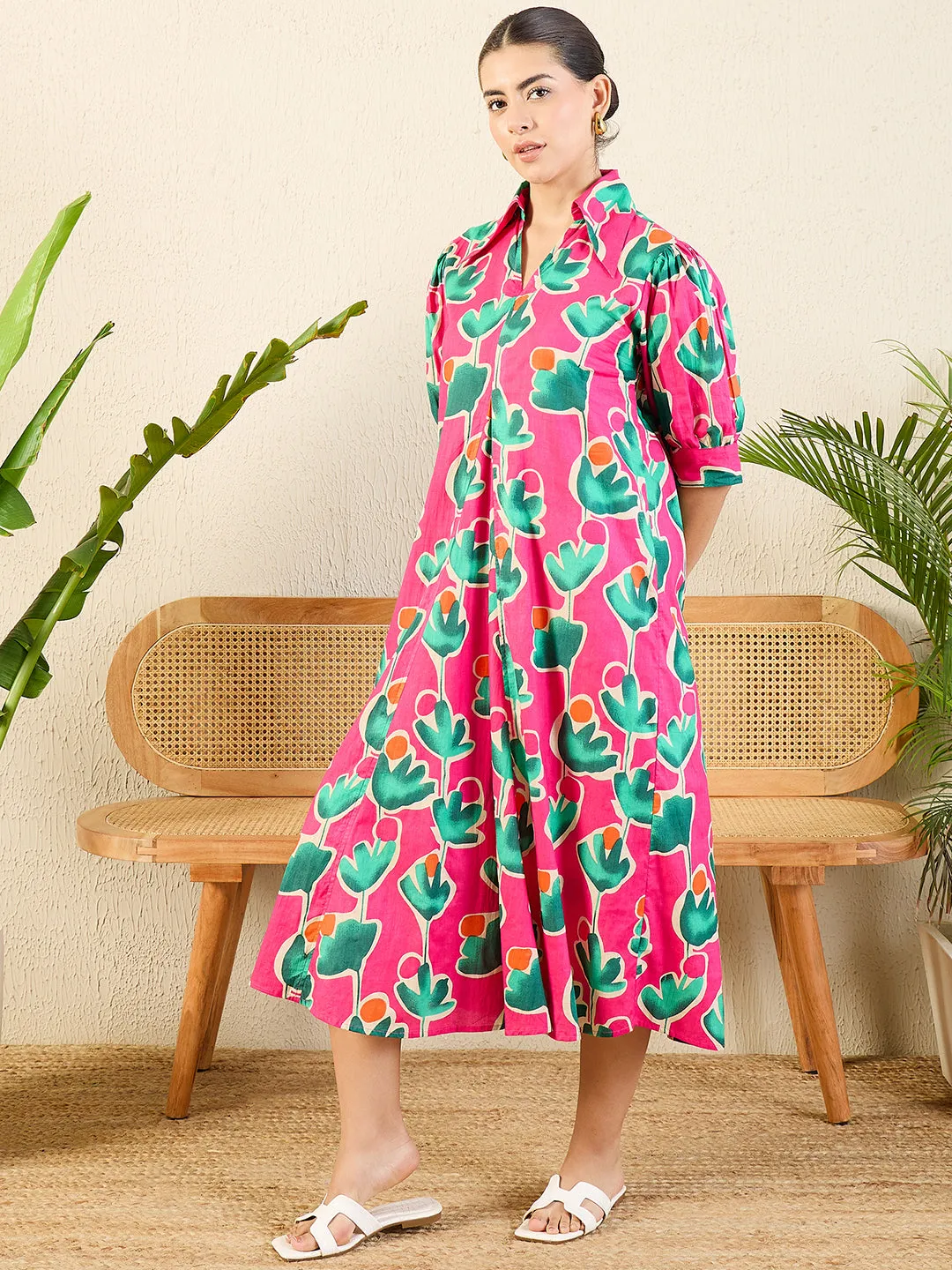 Front Pleated Cotton Midi Dress
