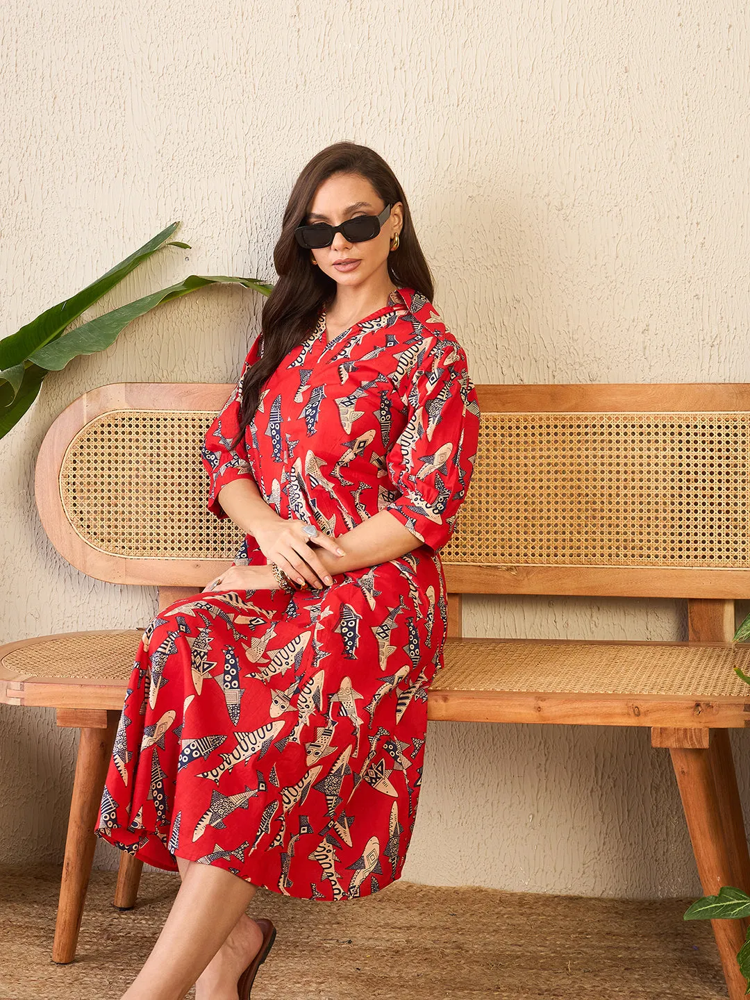 Front Pleated Cotton Midi Dress