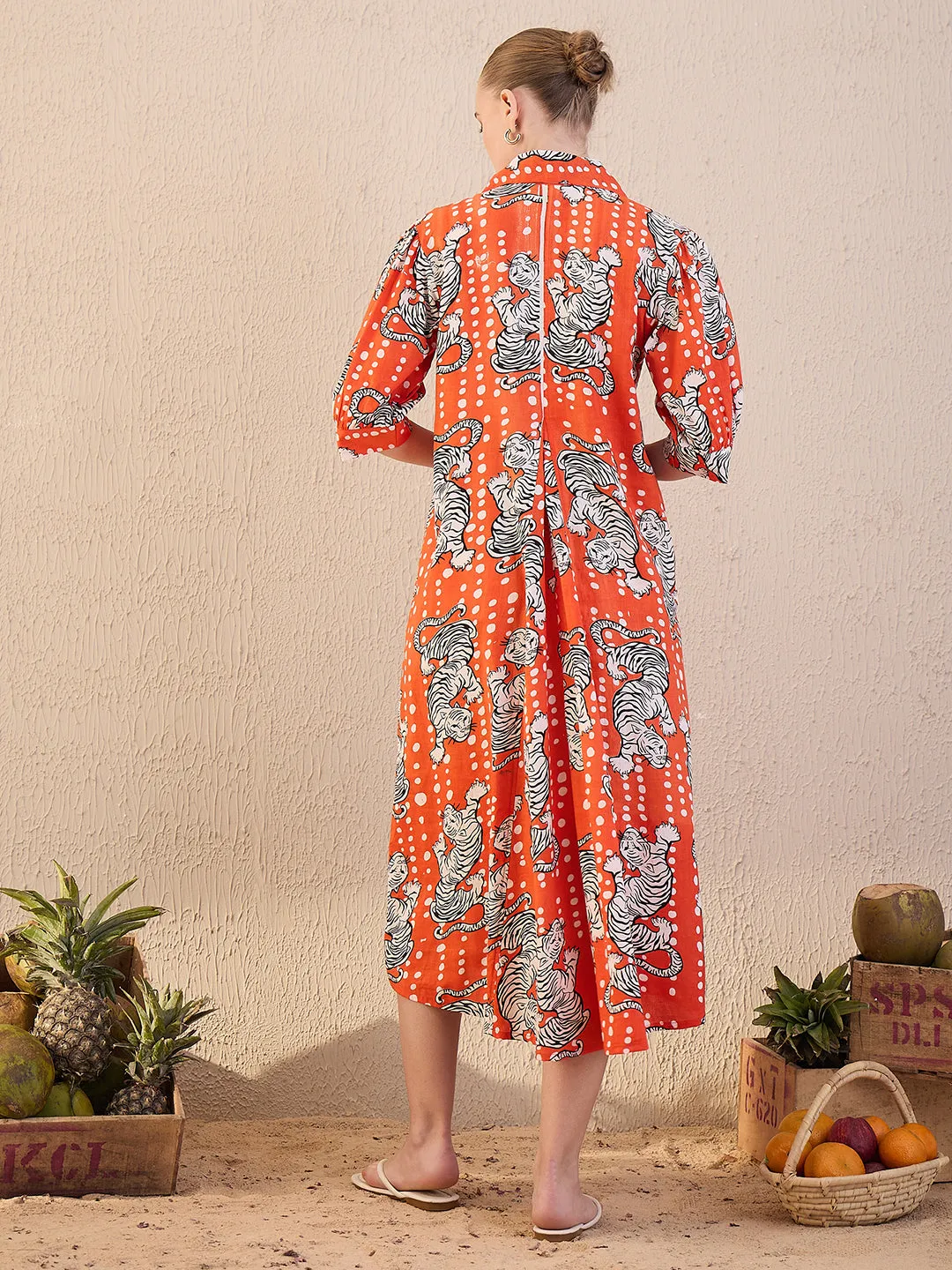 Front Pleated Cotton Midi Dress