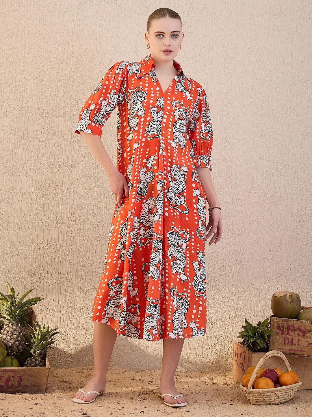 Front Pleated Cotton Midi Dress