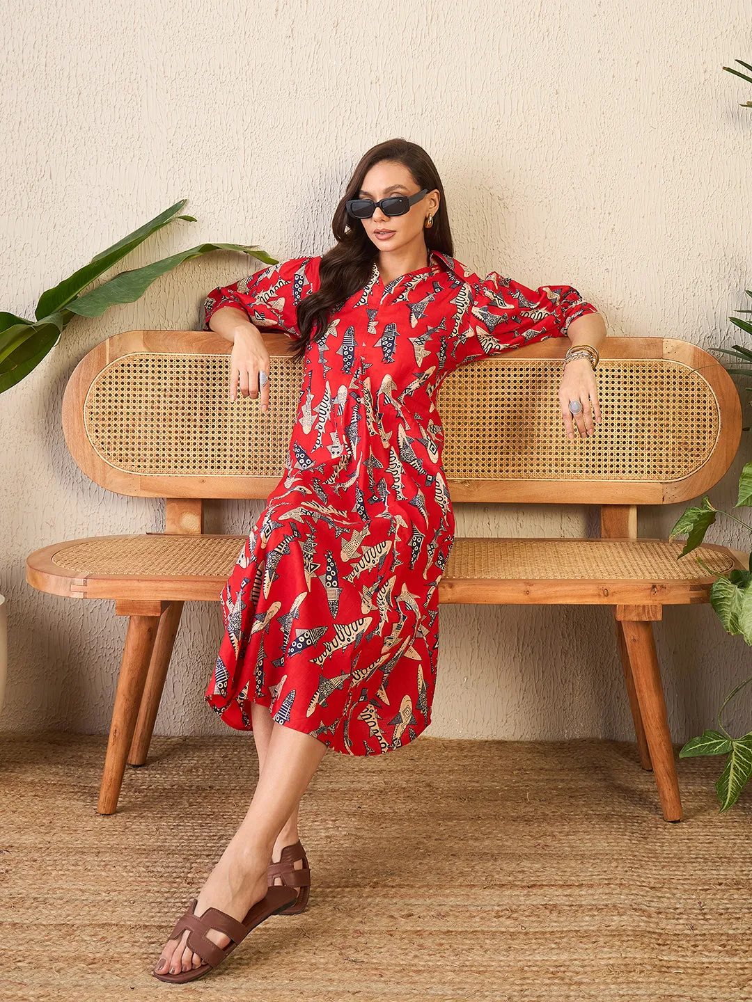 Front Pleated Cotton Midi Dress