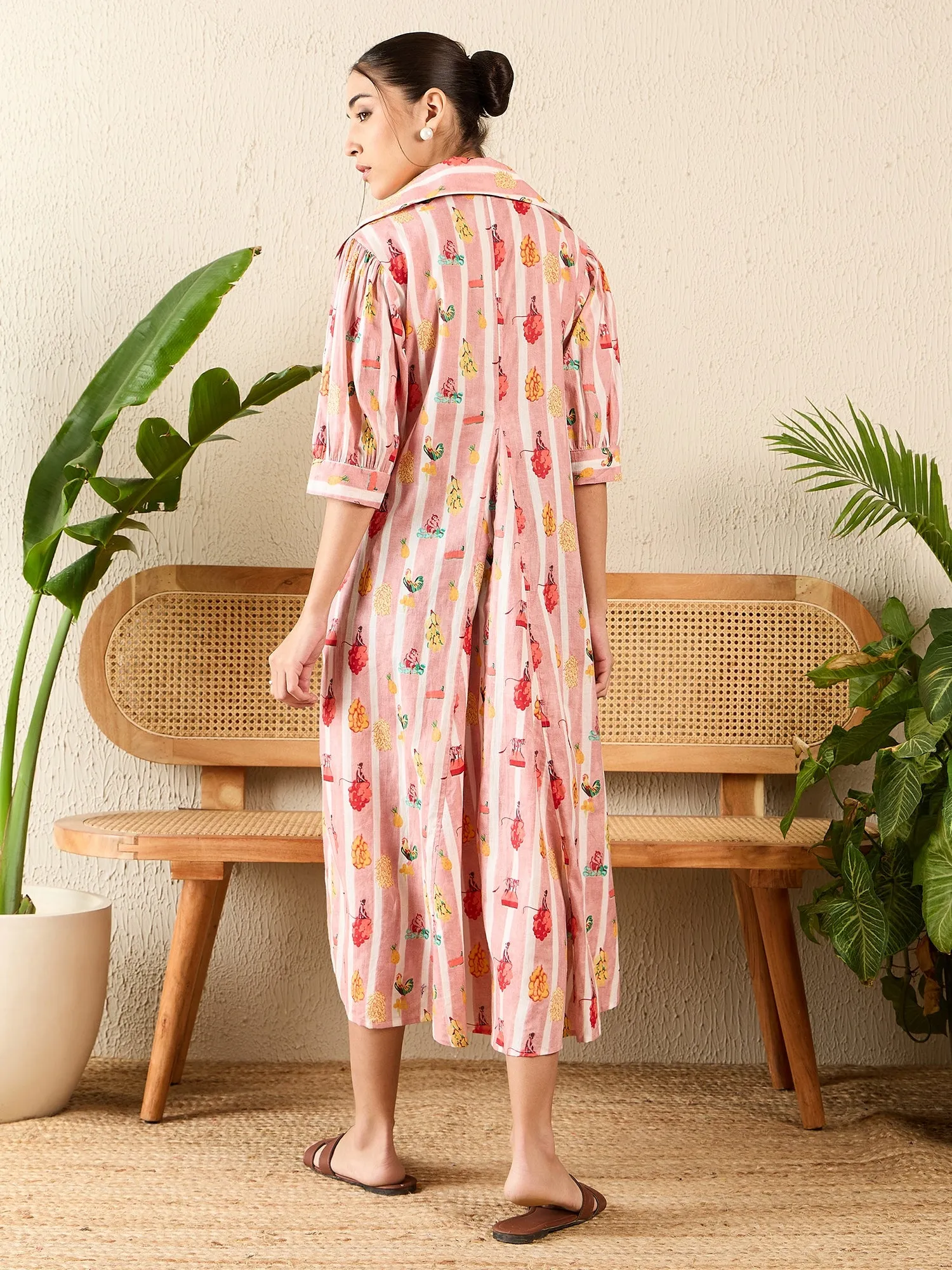 Front Pleated Cotton Midi Dress