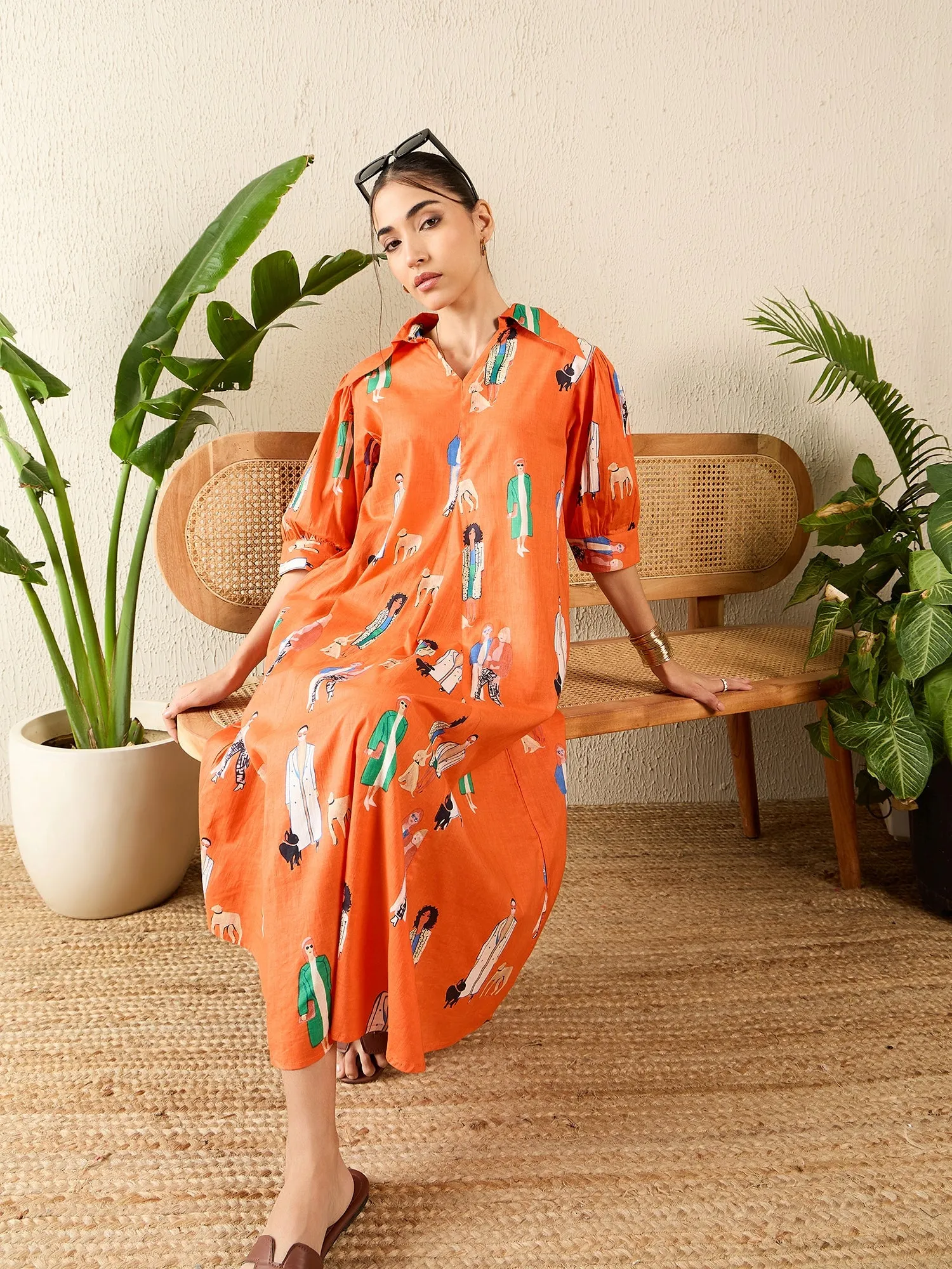 Front Pleated Cotton Midi Dress