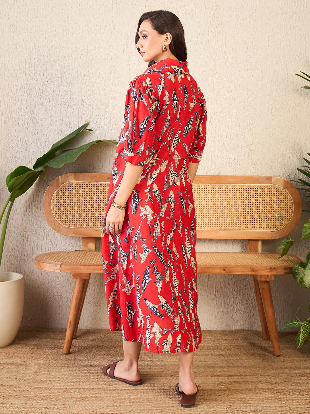 Front Pleated Cotton Midi Dress
