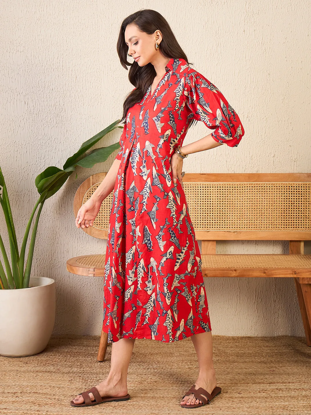 Front Pleated Cotton Midi Dress