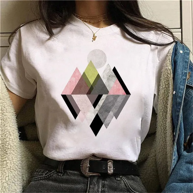 Geometry Printed Women T-Shirt | Women 90s Graphic Shirts | Short Sleeve Female Shirt | Harajuku Tops Tee | Pattern design Shirts for Ladies