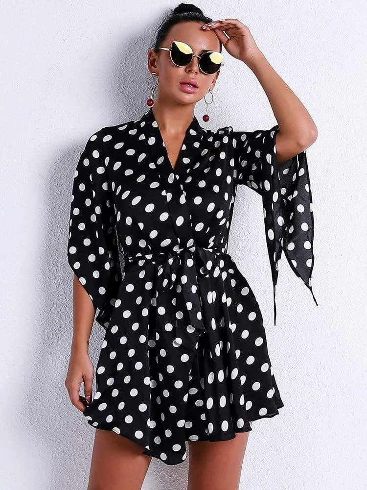 Half Sleeve White Dot Short Casual Dress