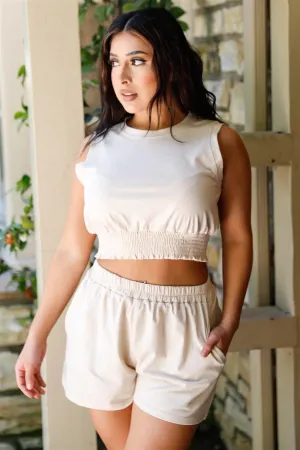 Ivory Smocked Hem Sleeveless Crop Top & High Waist Short Set /2-2-2