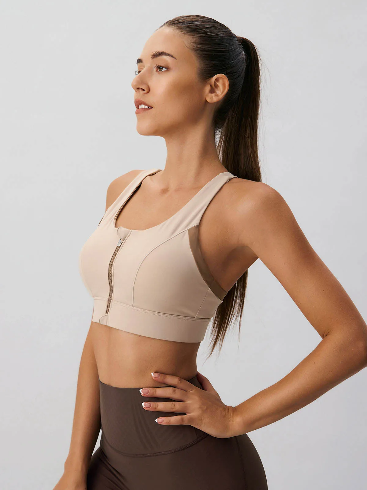 Khaki Front-Zip Sports Bra - High Support