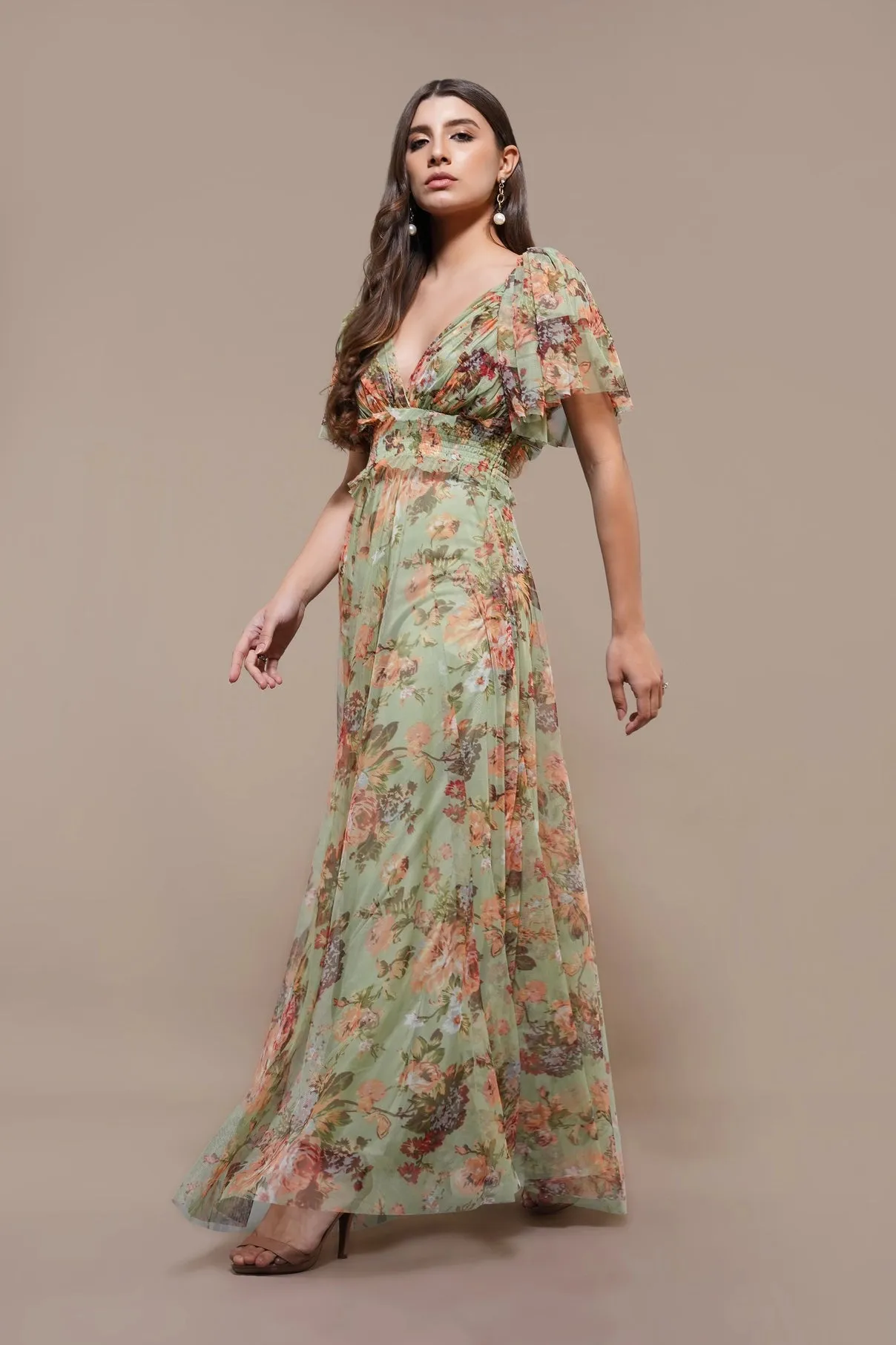 Lace & Beads Shelby Light Green Floral Maxi Dress