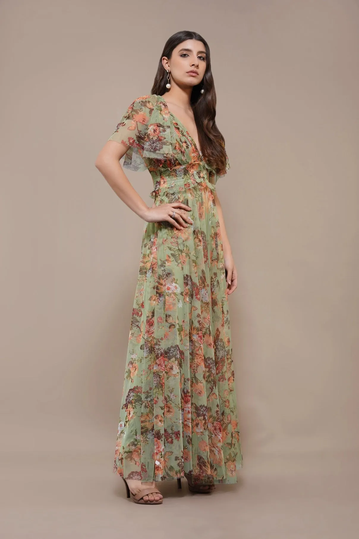 Lace & Beads Shelby Light Green Floral Maxi Dress