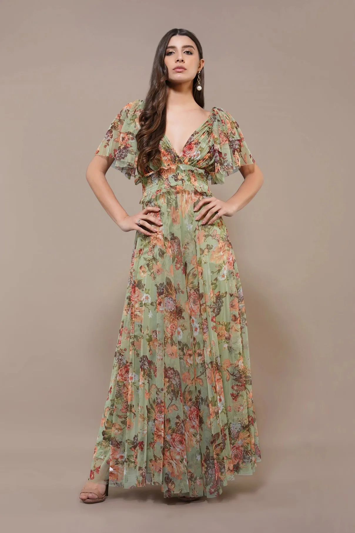 Lace & Beads Shelby Light Green Floral Maxi Dress