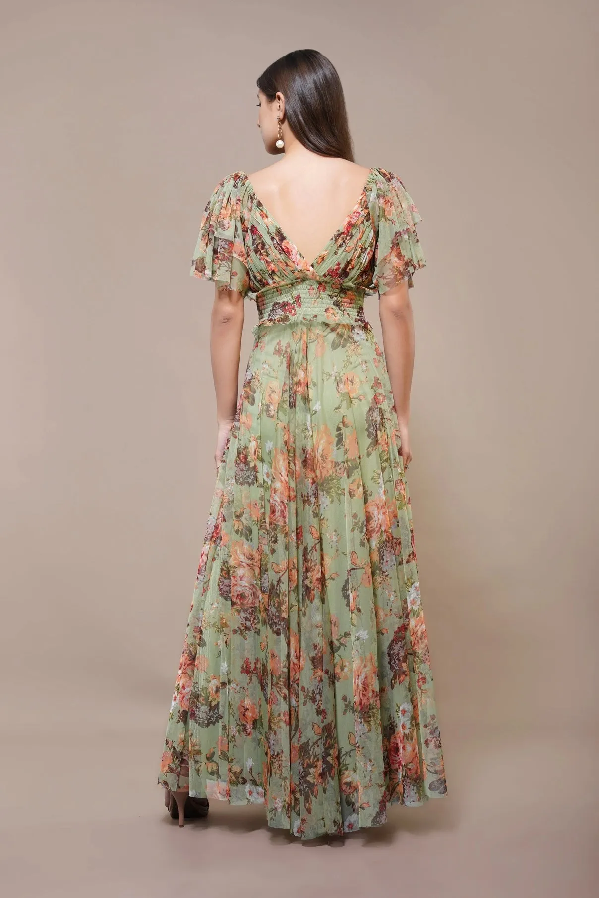 Lace & Beads Shelby Light Green Floral Maxi Dress