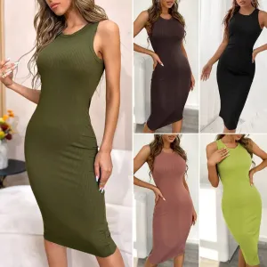 Lady Sundress Women Dress Solid Color Ribbed Summer Stretchy Hip Wrap Midi Dress Streetwear