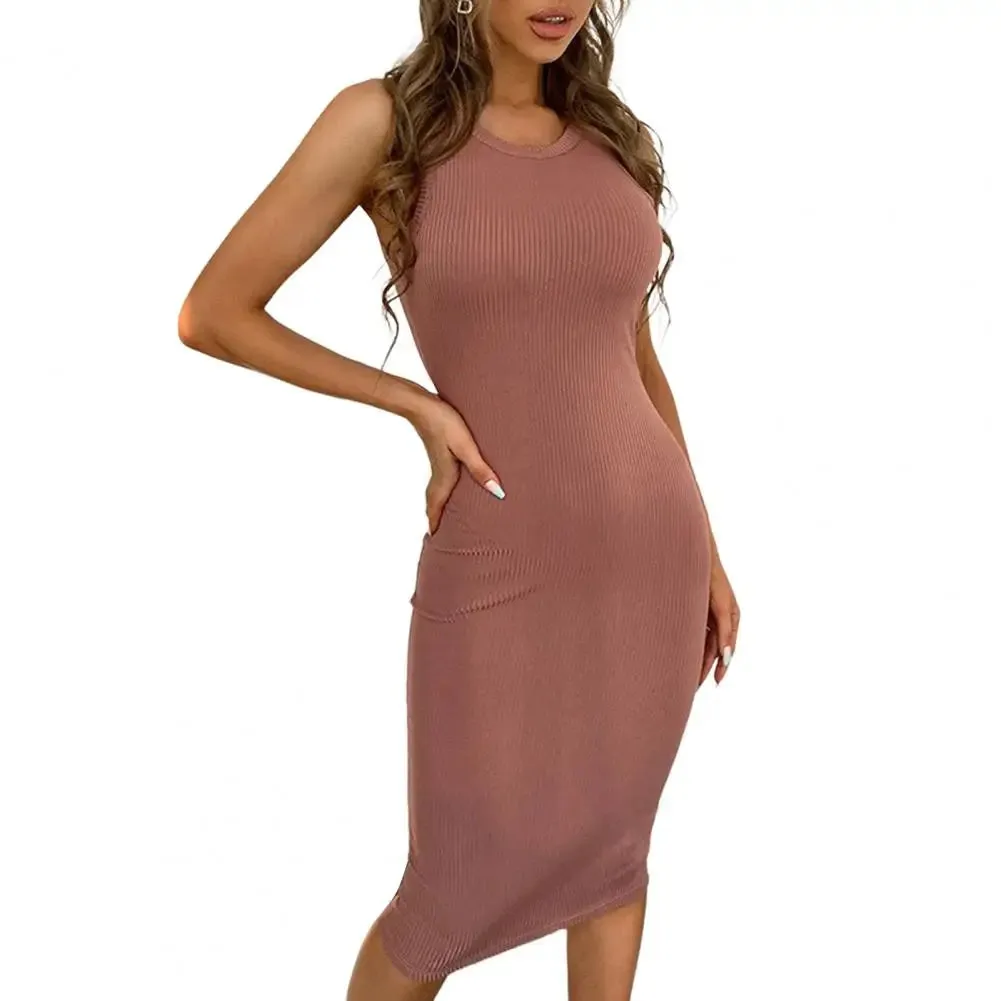 Lady Sundress Women Dress Solid Color Ribbed Summer Stretchy Hip Wrap Midi Dress Streetwear