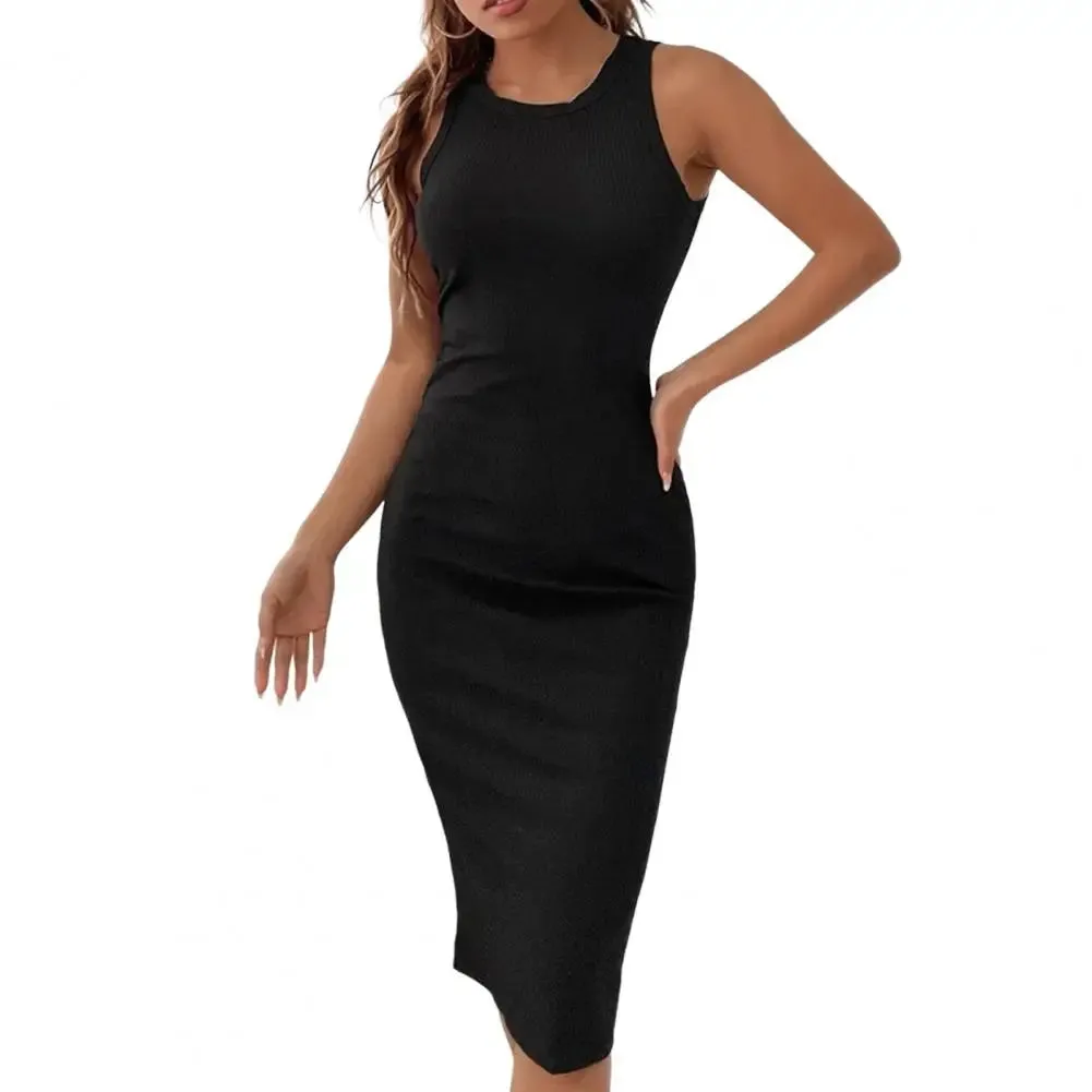Lady Sundress Women Dress Solid Color Ribbed Summer Stretchy Hip Wrap Midi Dress Streetwear
