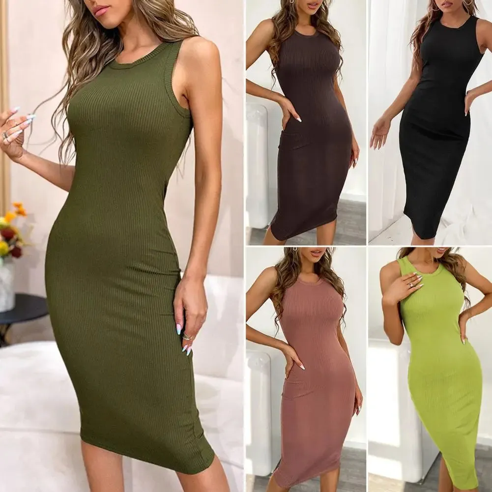 Lady Sundress Women Dress Solid Color Ribbed Summer Stretchy Hip Wrap Midi Dress Streetwear