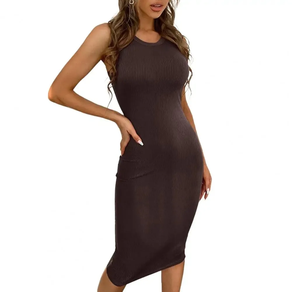 Lady Sundress Women Dress Solid Color Ribbed Summer Stretchy Hip Wrap Midi Dress Streetwear