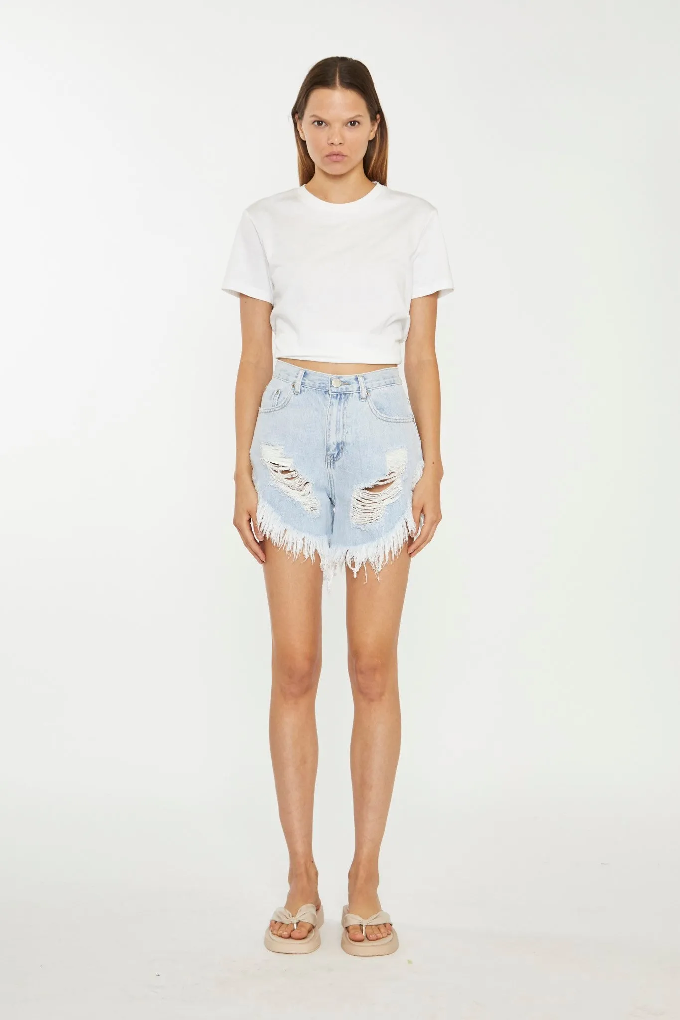 Light-Blue Bleached High-Waisted Distressed Denim Shorts