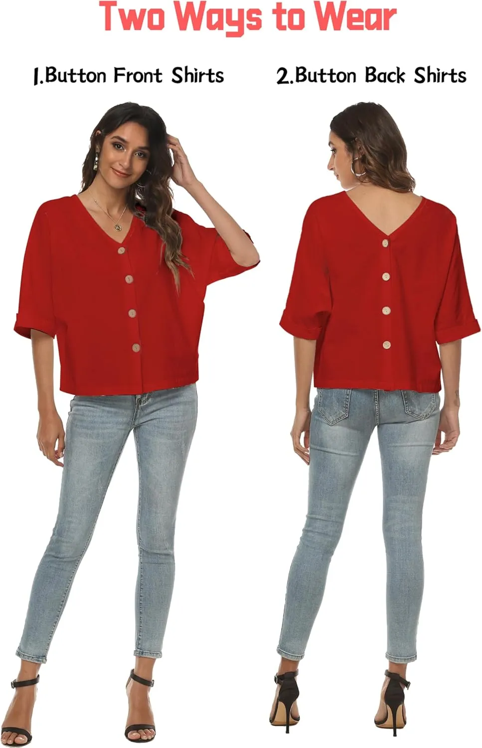 LNX Womens V Neck Button Down Linen Shirts Short Sleeve Casual Blouses Summer Tops