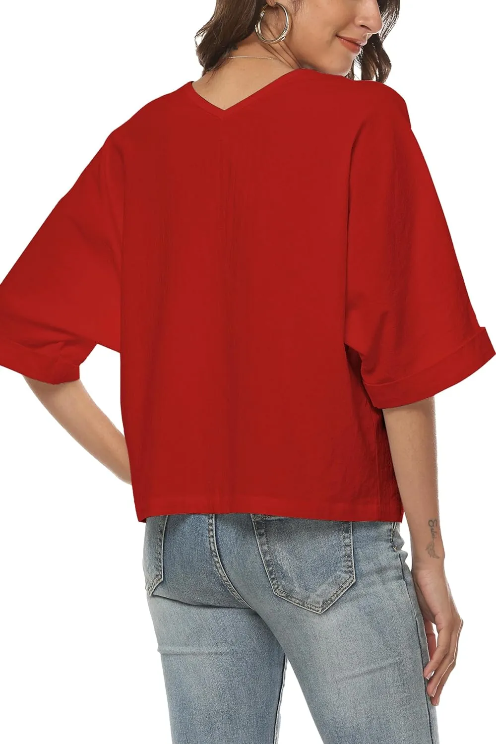 LNX Womens V Neck Button Down Linen Shirts Short Sleeve Casual Blouses Summer Tops