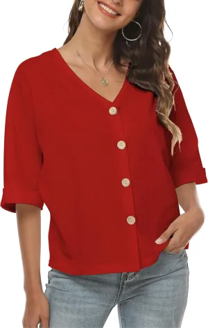 LNX Womens V Neck Button Down Linen Shirts Short Sleeve Casual Blouses Summer Tops