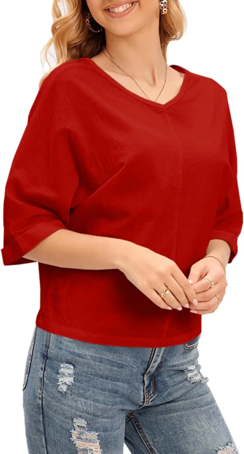 LNX Womens V Neck Button Down Linen Shirts Short Sleeve Casual Blouses Summer Tops